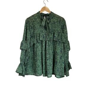 Lucky Brand Blouse 2X Green Paisley Ruffle Sleeve Boho Peasant Top Flowy